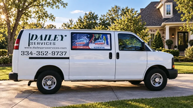 A Dailey Services van in a neighborhood driveway in the afternoon sun